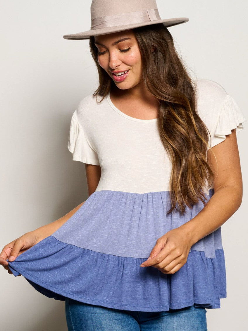 WOMEN'S SHORT SLEEVE TIERED COLORBLOCK TUNIC BLOUSE TOP