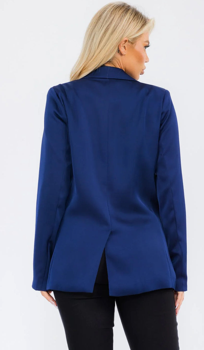 WOMEN'S LONG SLEEVE BUTTON CLOSURE POCKETS SATIN BLAZER, NAVY