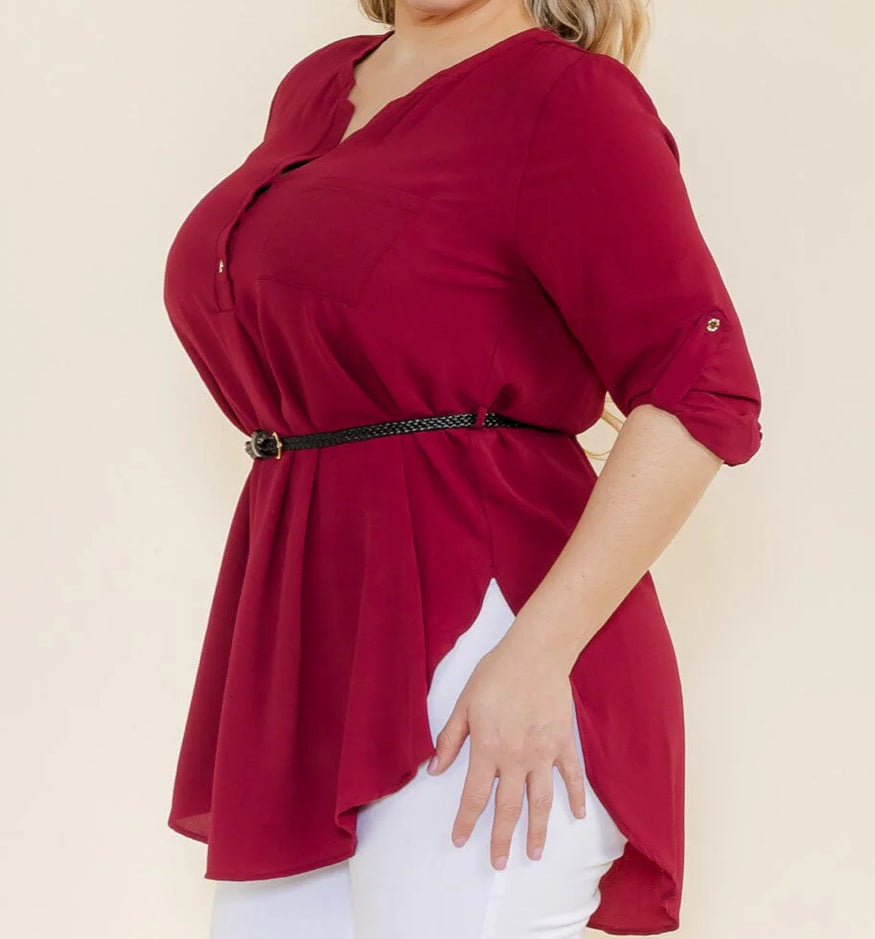 PLUS SIZE 3/4 SLEEVELESS BUTTON UP BELTED TUNIC BLOUSE Burgandy