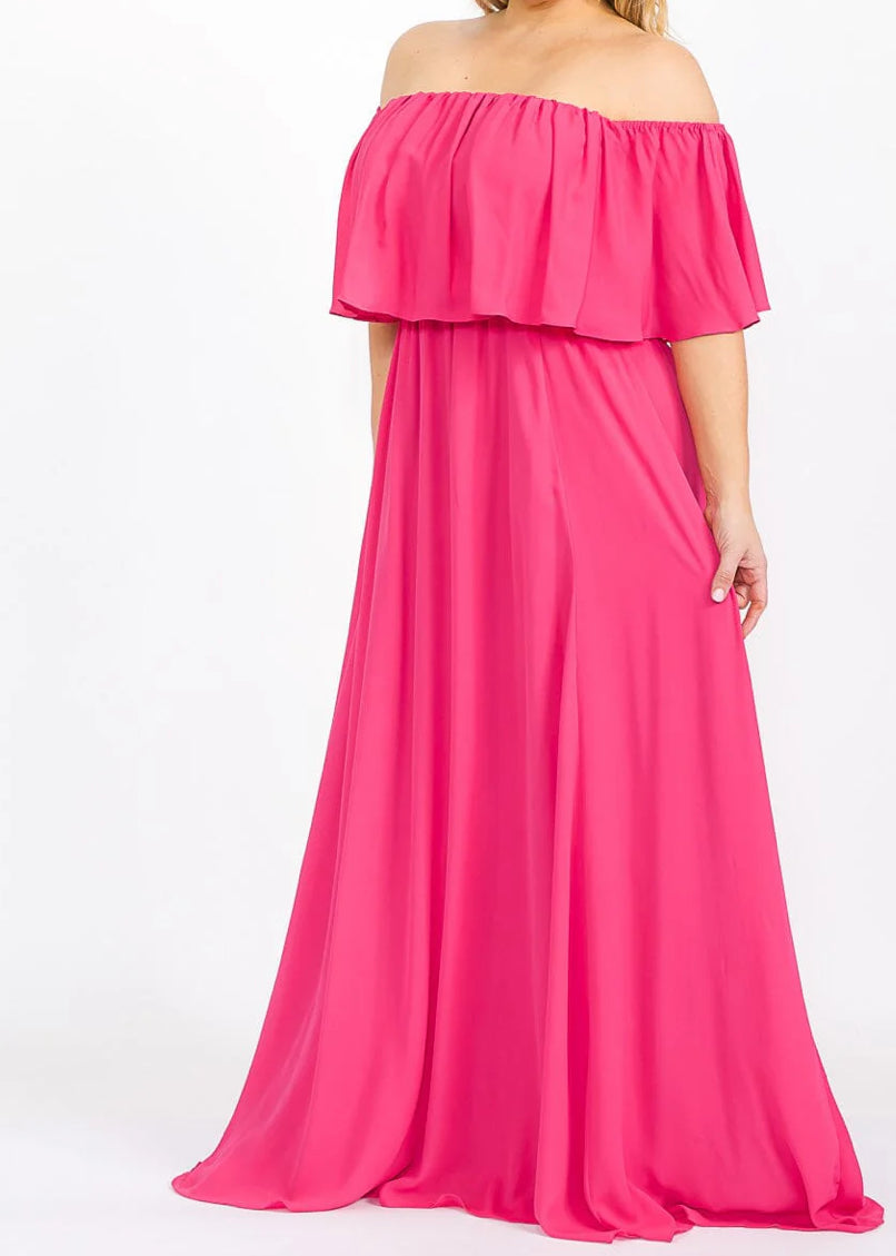 PLUS SIZE SHORT SLEEVE OFF SHOULDER ELASTIC WAIST MAXI DRESS. Fuchsia