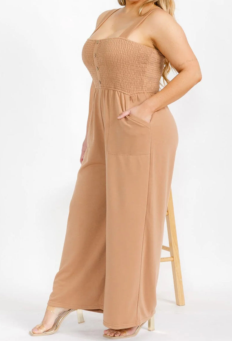 PLUS SIZE SLEEVELESS SQUARE NECK FRONT POCJETS SMOCK JUMPSUIT