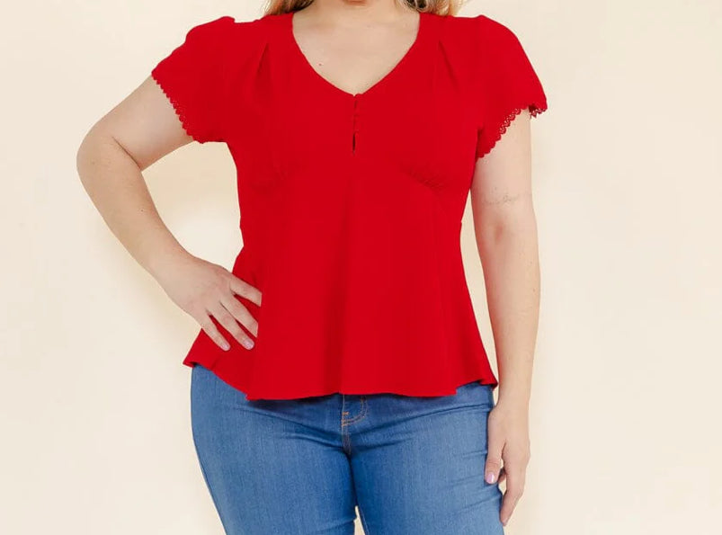 PLUS SIZE SHORT SLEEVE V-NECK BUTTON CLOSURE BLOUSE RED