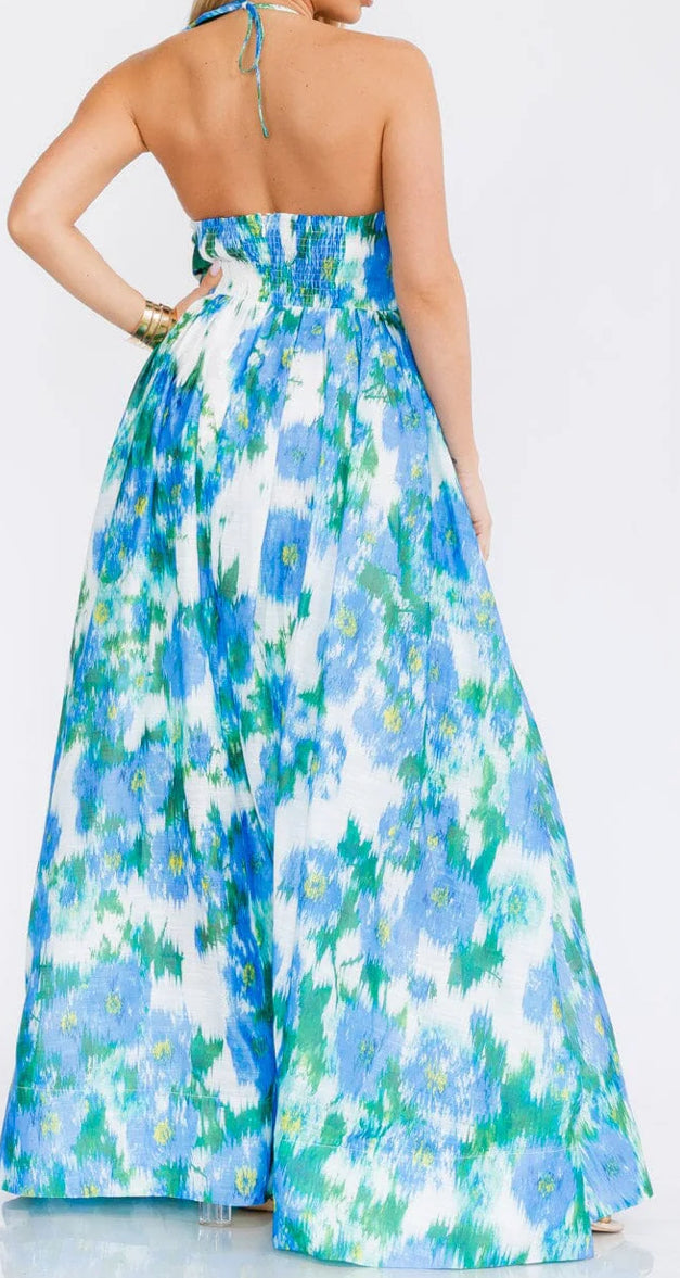 Sleeve less halter detailed maxi dress floral blue