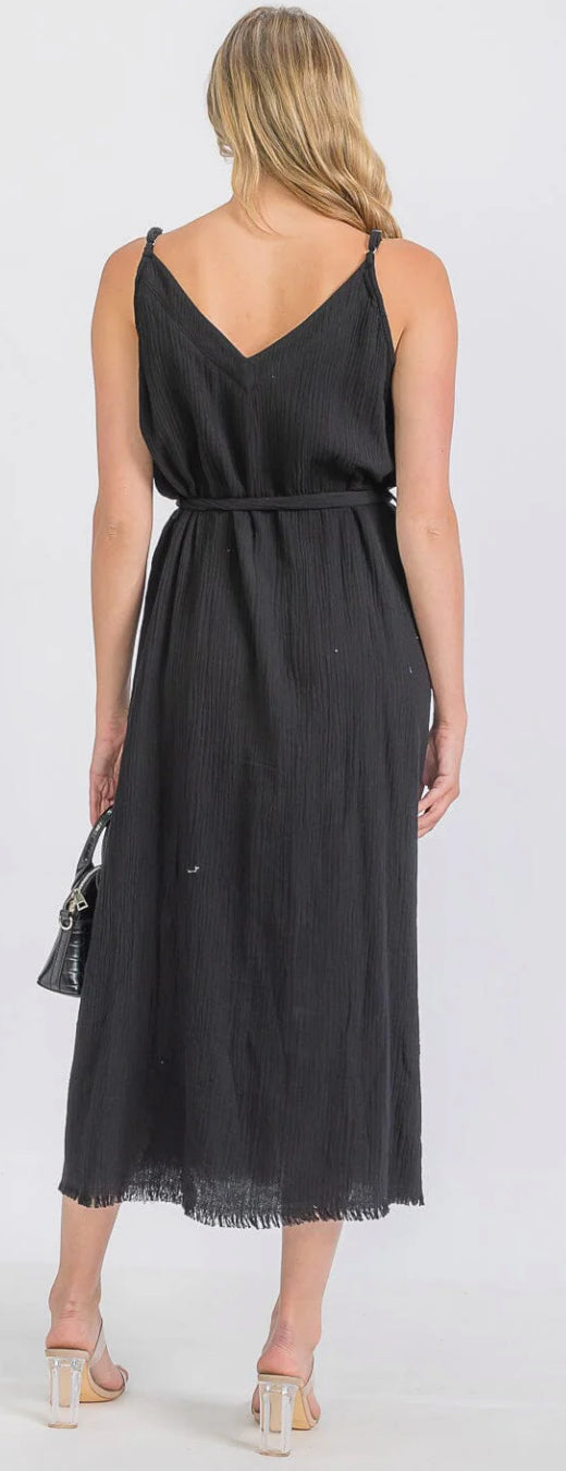 WOMEN'S SLEEVELESS V-NECK GAUZE BELTED MAXI DRESS