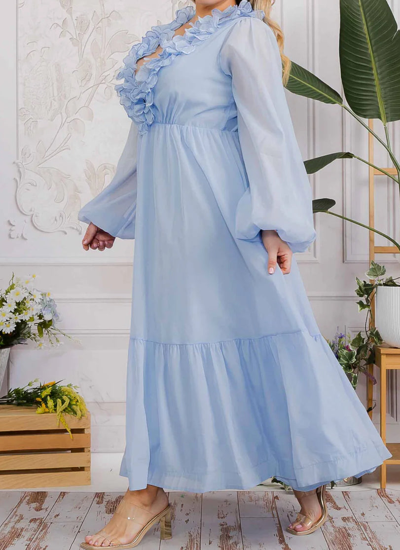 PLUS SIZE LONG SLEEVE V-NECK RUFFLE OPEN BACK TIE MAXI DRESS, ICE BLUE