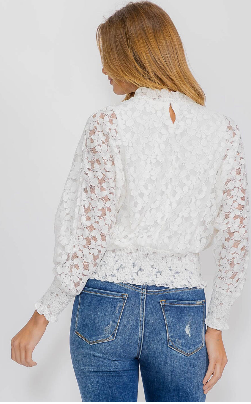 Women’s long sleeve mock neck lace blouse, ivory
