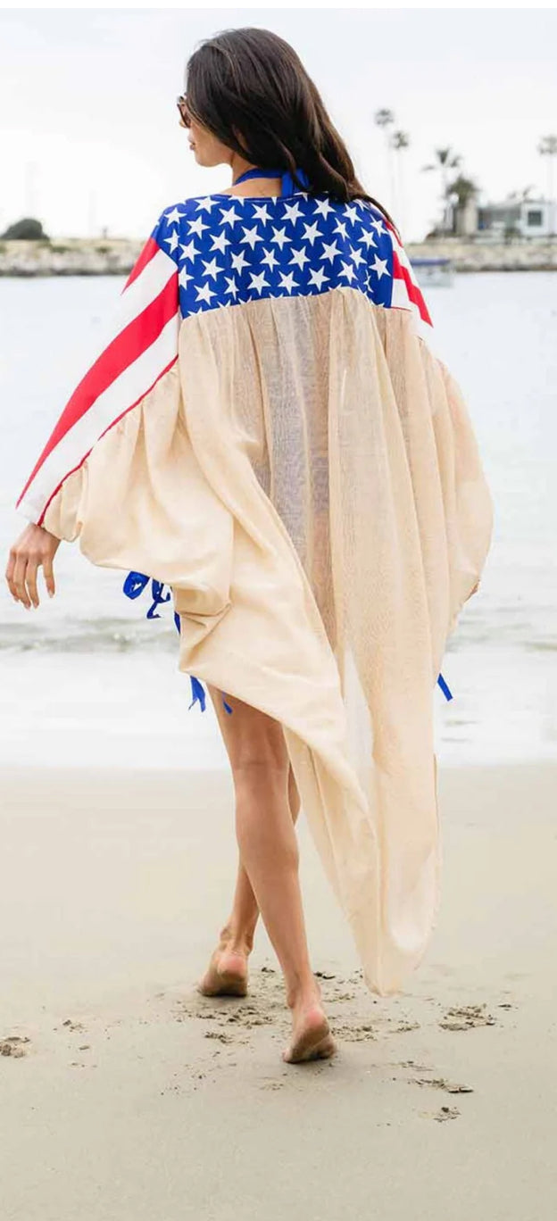 WOMEN'S LONG DRAPE SLEEVE OPEN FRONT AMERICA FLAG KIMONO
