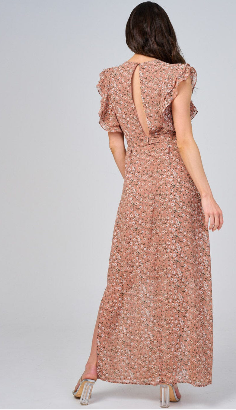 WOMEN'S RUFFLE SLEEVE V-NECK SELF TIE OPEN BACK FLORAL MAXI DRESS, MAUVE