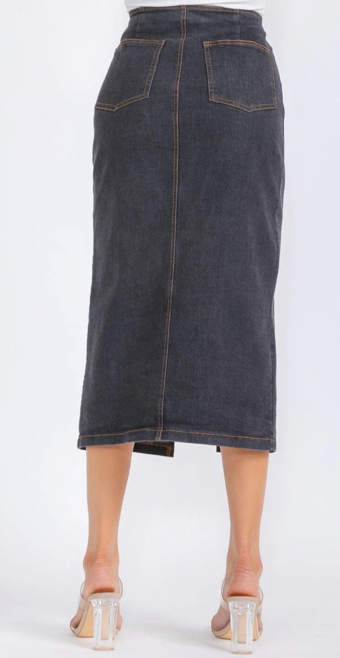 WOMEN'S ZIP UP POCKETS DENIM MIDI PENCIL SKIRT