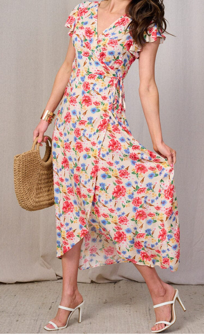 WOMEN'S SHORT SLEEVES SELF TIE HIGH-LOW FLORAL WRAP MAXI DRESS