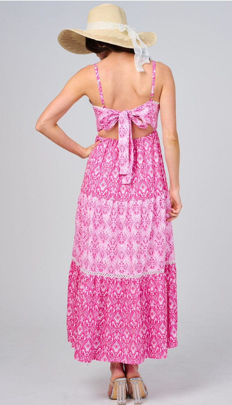 WOMEN'S SLEEVELES SURPLICE OPEN BACK TIERED MULTI PRINT MAXI DRESS