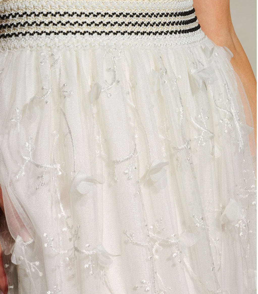 WOMEN'S ELASTIC WAIST EMBROIDERY FLOWER DETAILED MIDI SKIRT