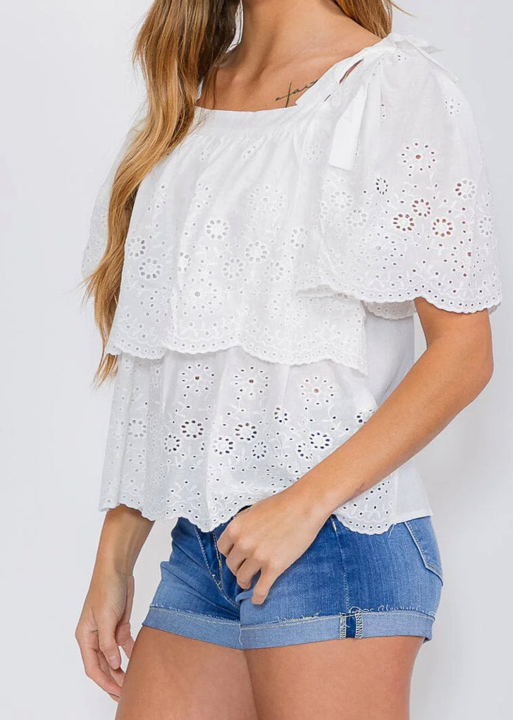 Women’s short ruffle sleeve blouse, ivory