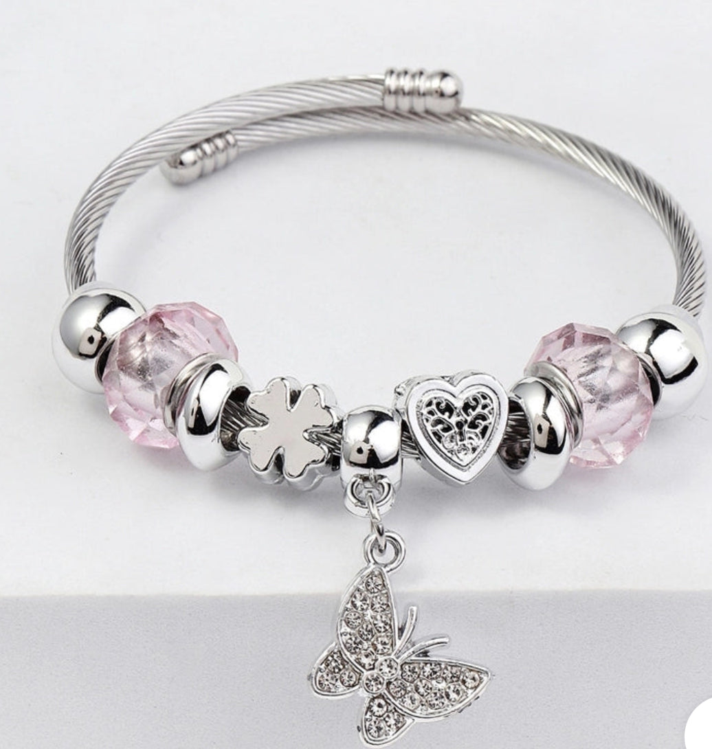 Heart shape butterfly stainless steel bangle pink