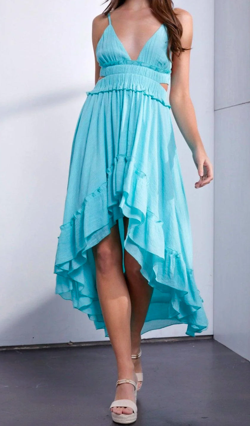 Asymmetric Ruffle Bottom Hem Open Back Cutout Dress