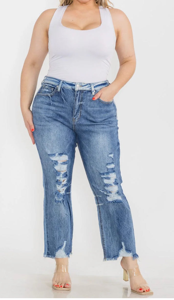 PLUS SIZE BUTTON CLOSURE POCKETS WIDE LEG DISTRESS DENIM PANTS
