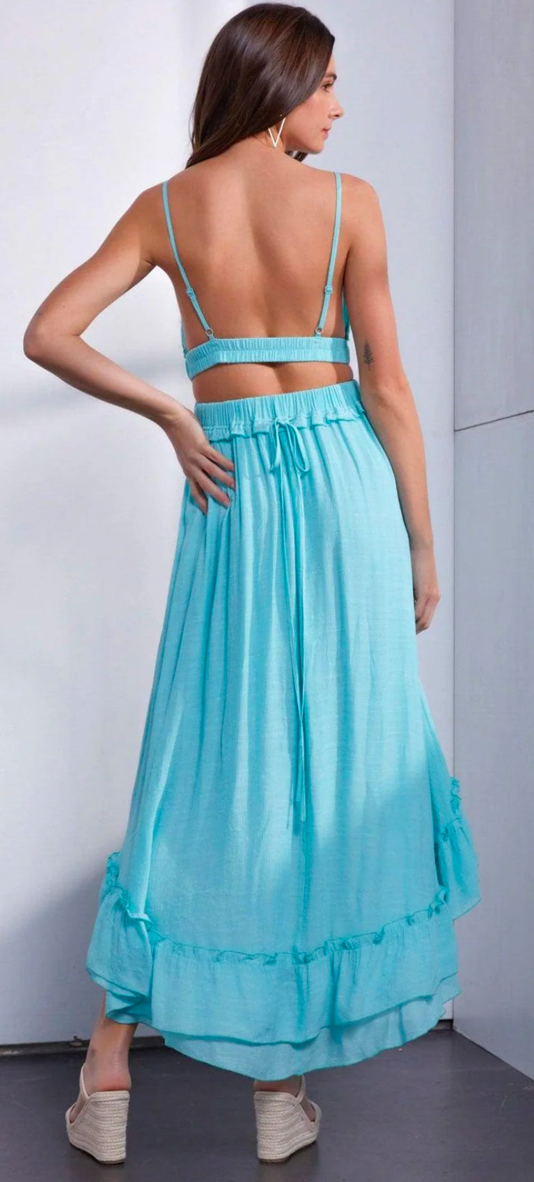 Asymmetric Ruffle Bottom Hem Open Back Cutout Dress