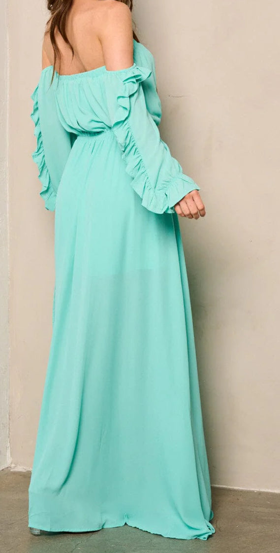 WOMEN'S OFF SHOULDER LONG SLEEVE ELASTIC WAIST MAXI DRESS