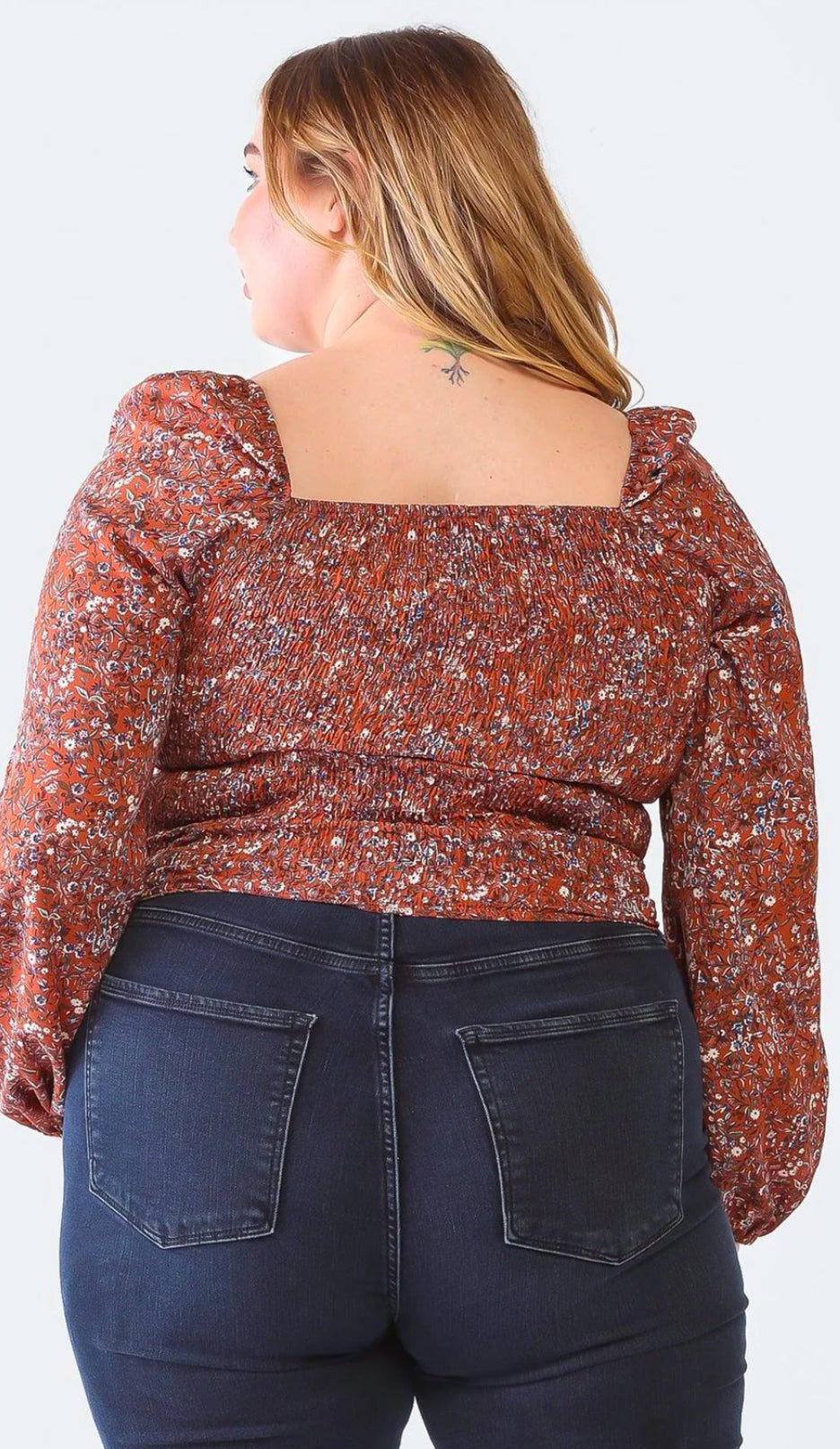 Plus Size Terracotta Floral Square Neck Smocked Top