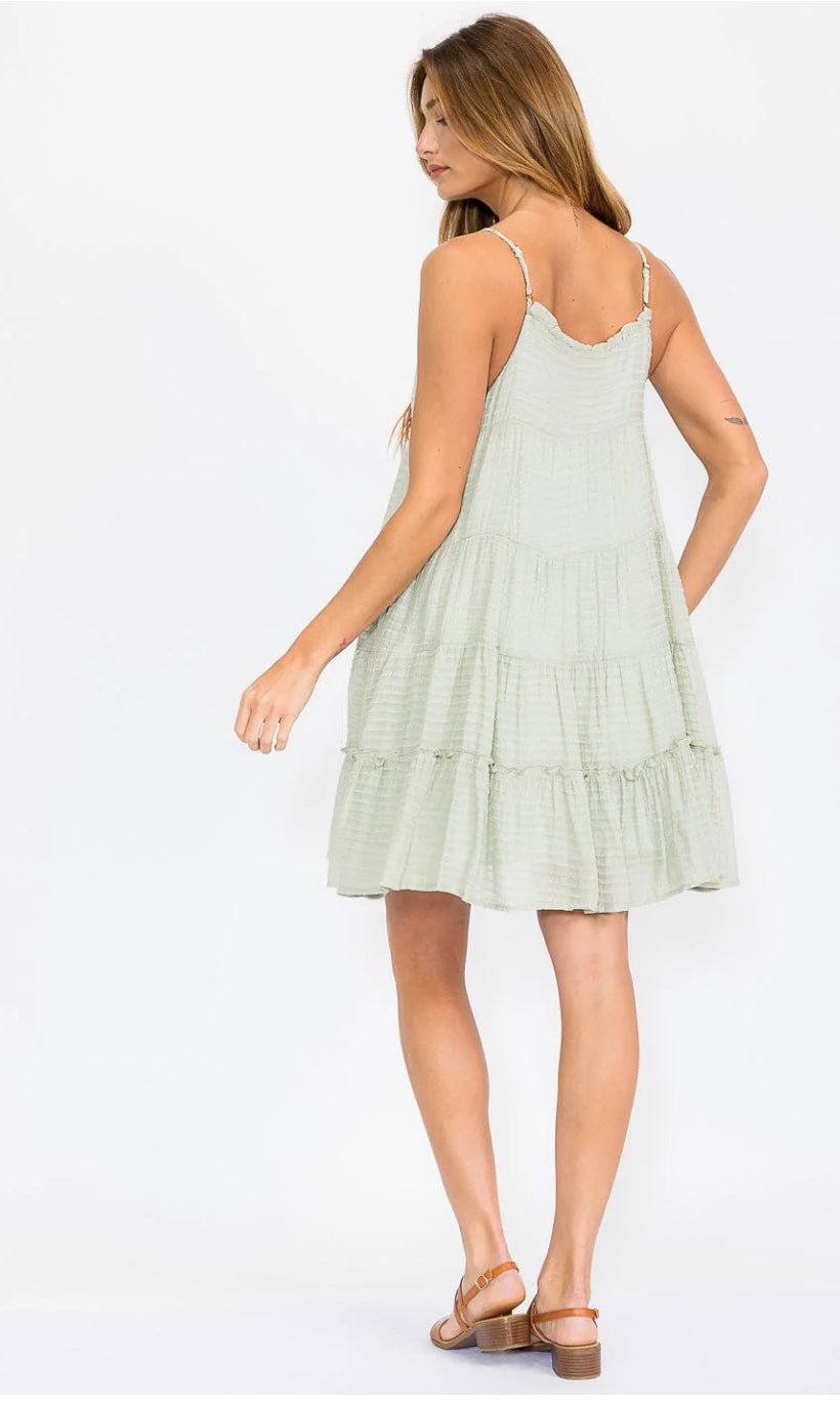 Women’s sleeveless adjustable dress  straps tiered tunic, sage
