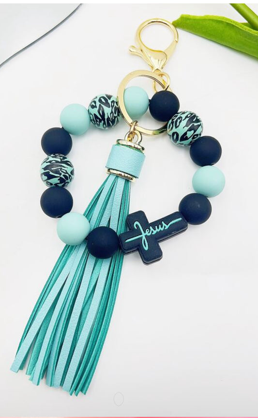 Teal and black tassel keychain
