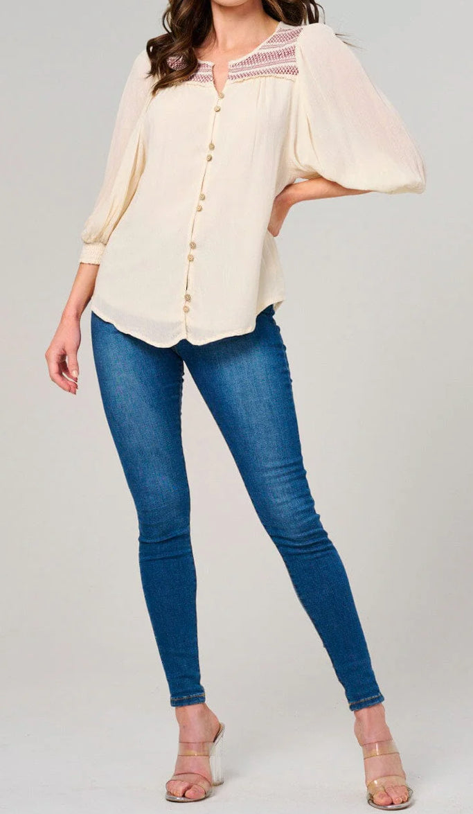 WOMEN'S 3/4 PUFF SLEEVE BUTTON CLOSURE DETAILED BLOUSE