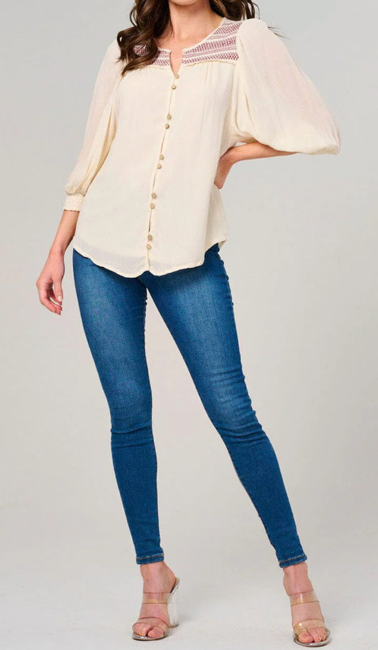 WOMEN'S 3/4 PUFF SLEEVE BUTTON CLOSURE DETAILED BLOUSE