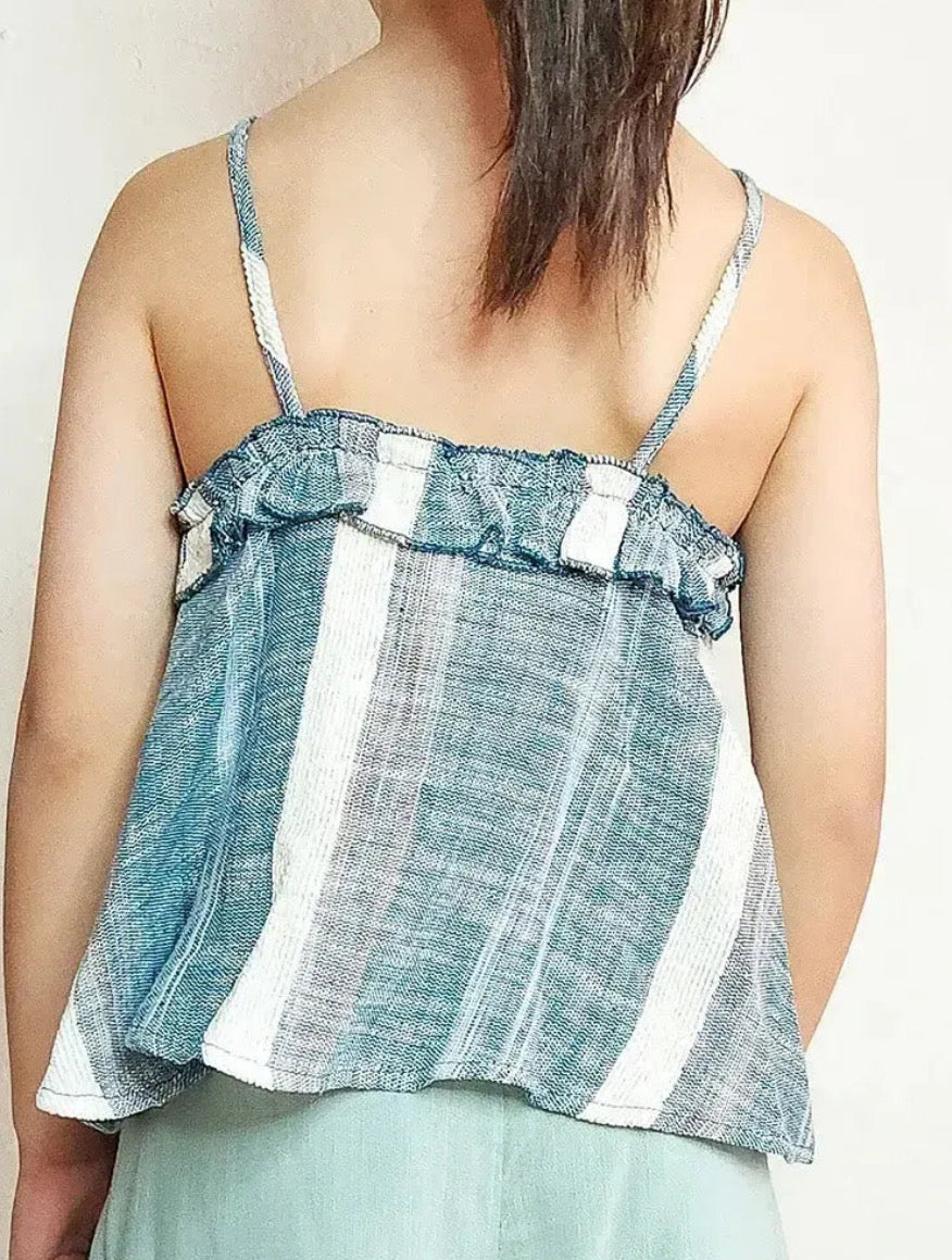 Girls striped sleeveless ruffle button down teal cami top