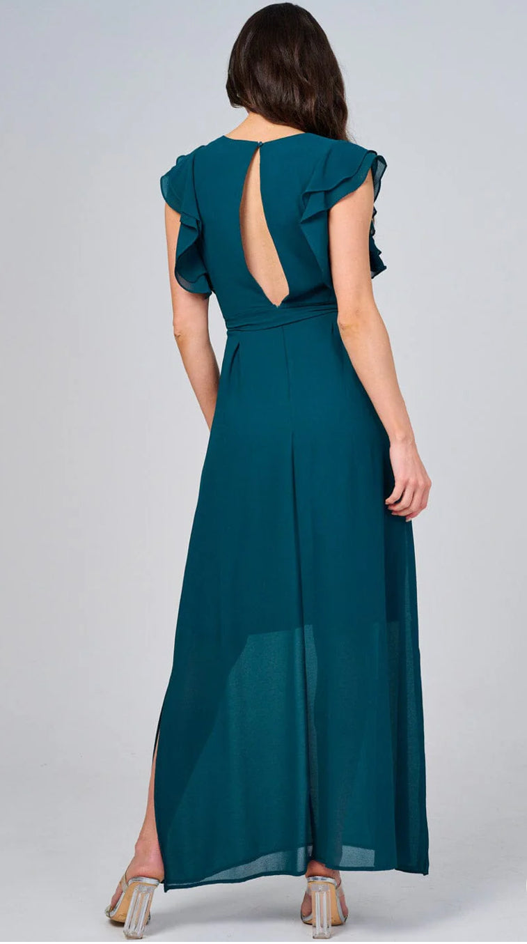 WOMEN'S RUFFLE SLEEVE V-NECK SELF TIE OPEN BACK MAXI DRESS, TEAL