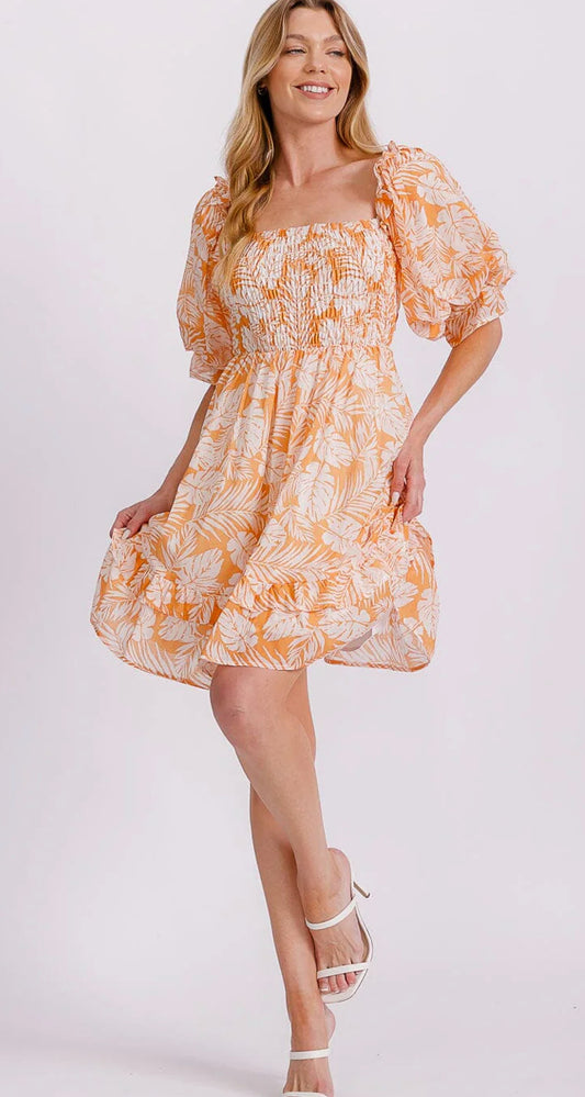 WOMEN'S SHORT PUFF SLEEVE SMOCK BACK CUT OUT LEAF PRINT MINI DRESS