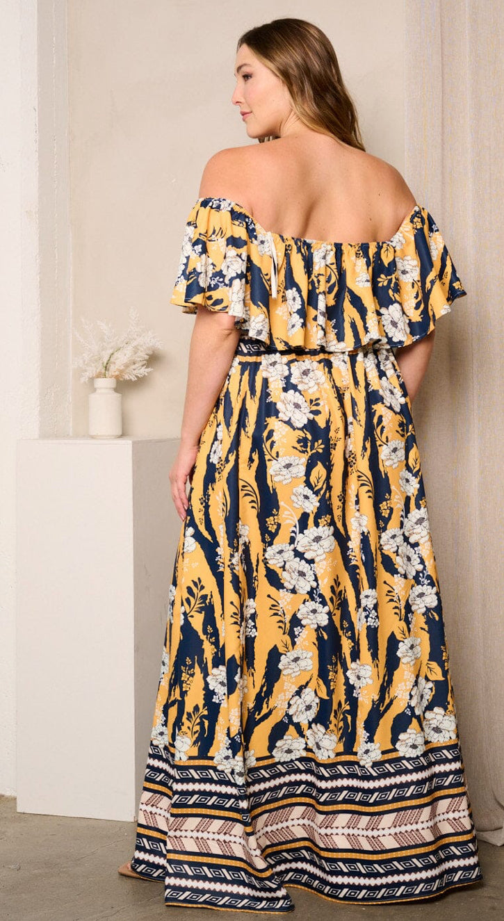 PLUS SIZE OFF SHOULDER RUFFLE FRONT SLIT FLORAL MAXI DRESS