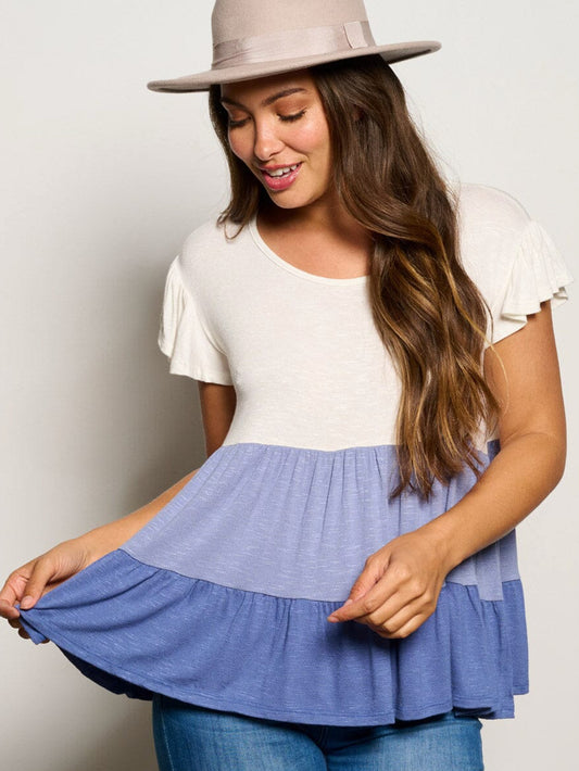 WOMEN'S SHORT SLEEVE TIERED COLORBLOCK TUNIC BLOUSE TOP