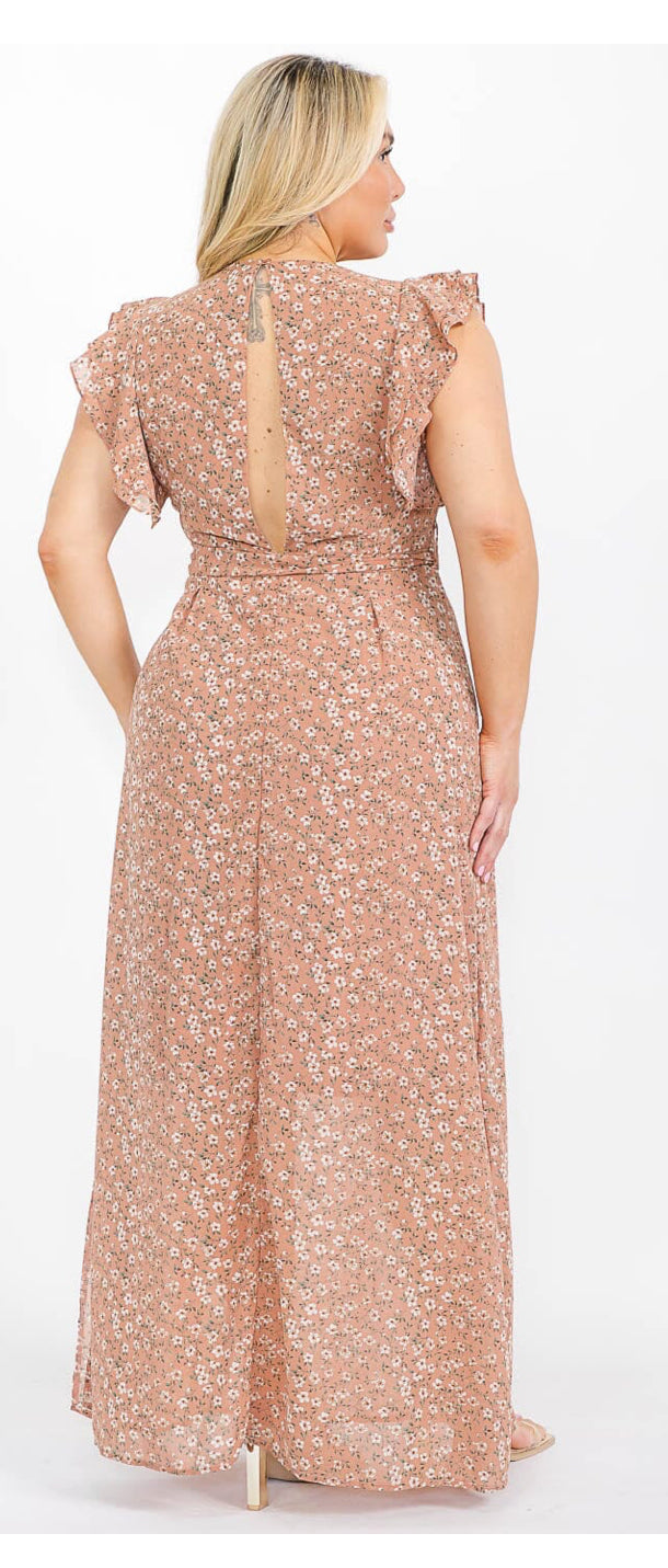 PLUS SIZE RUFFLE SLEEVE V-NECK OPEN BACK FLORAL MAXI DRESS, MAUVE