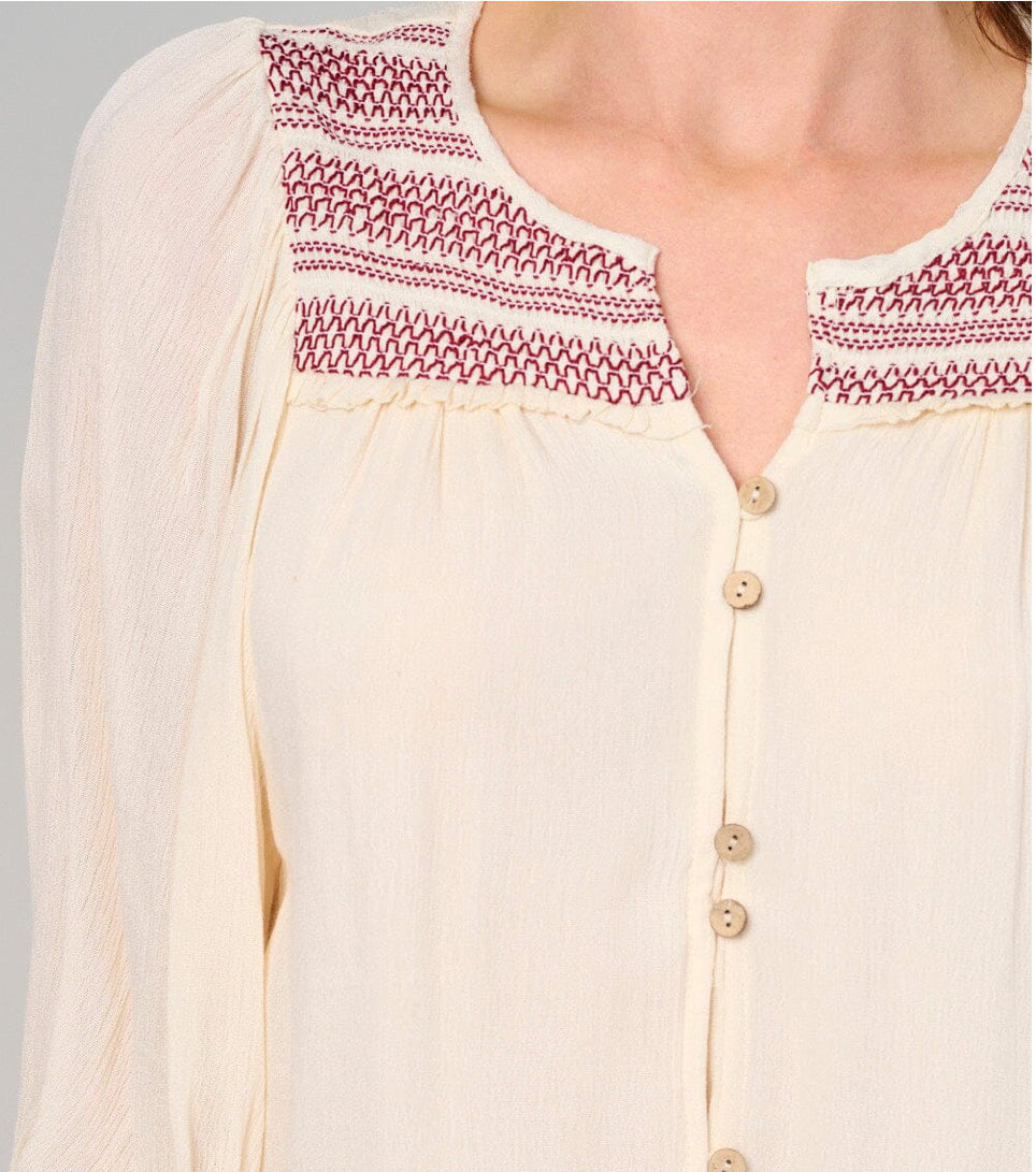 WOMEN'S 3/4 PUFF SLEEVE BUTTON CLOSURE DETAILED BLOUSE