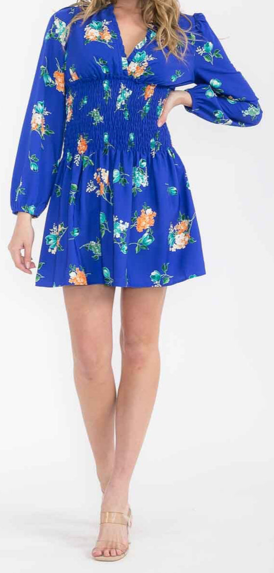 WOMEN'S LONG SLEEVE V-NECK SMOCK FLORAL MINI DRESS BLUE
