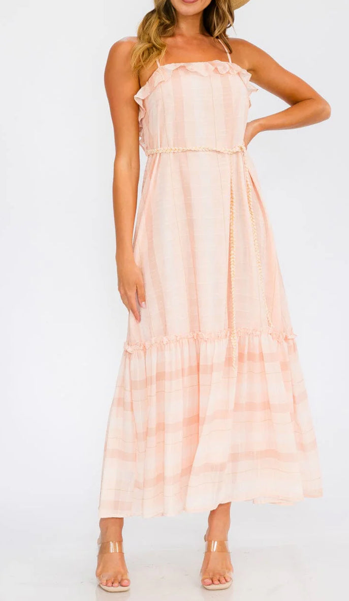 WOMEN'S SLEEVELESS OPEN BACK RUFFLE TIERED STRIPES MAXI DRESS