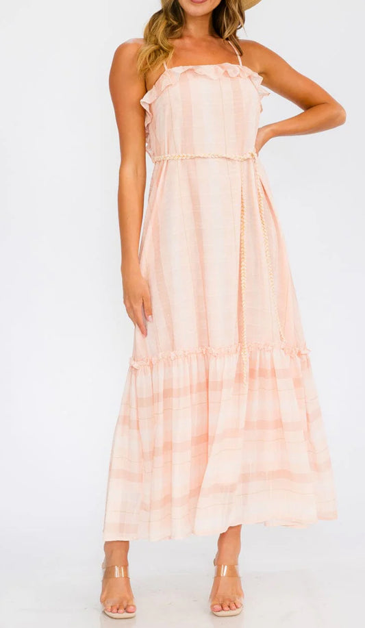 WOMEN'S SLEEVELESS OPEN BACK RUFFLE TIERED STRIPES MAXI DRESS