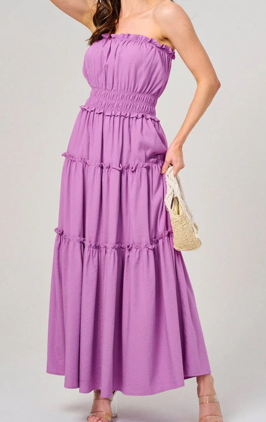 WOMEN'S SLEEVELESS SMOCK WAIST TIERED PURPLE MAXI DRESS