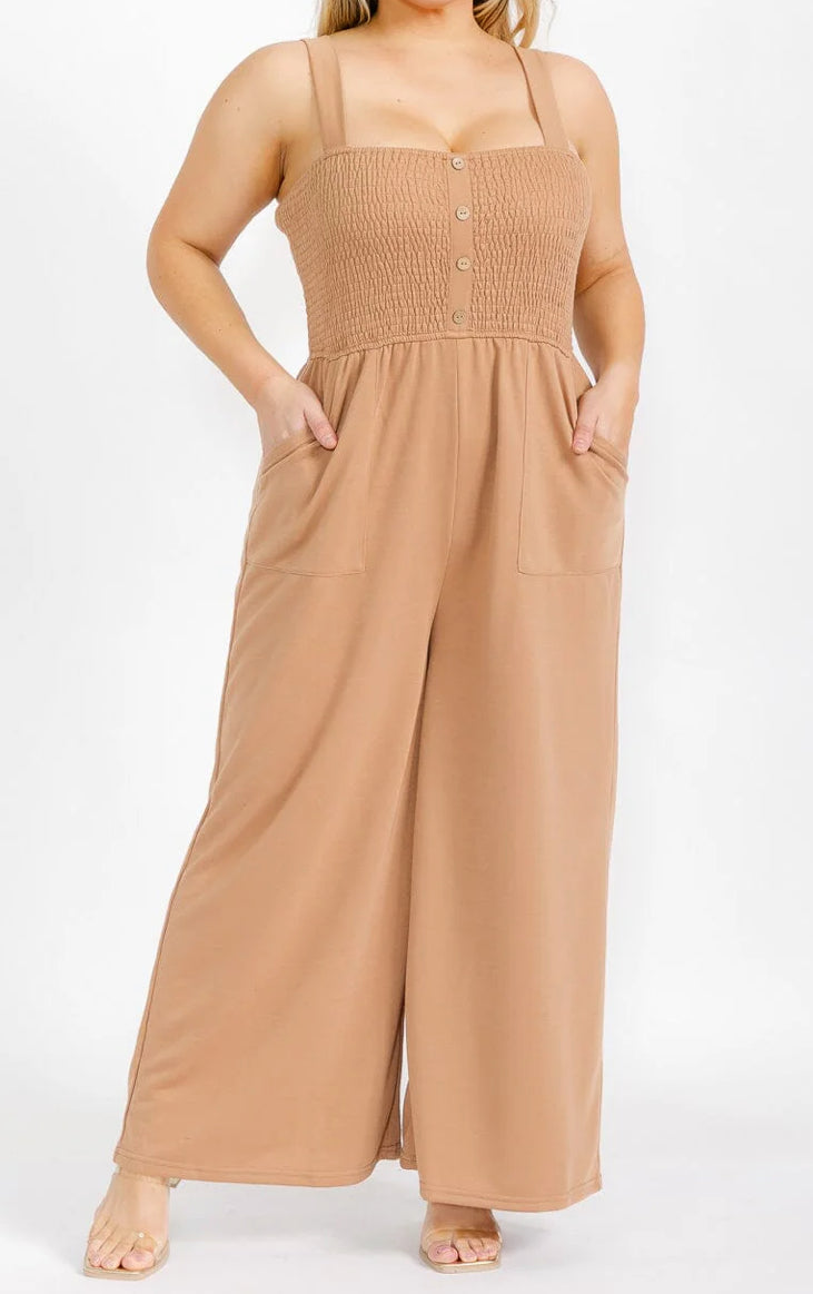 PLUS SIZE SLEEVELESS SQUARE NECK FRONT POCJETS SMOCK JUMPSUIT