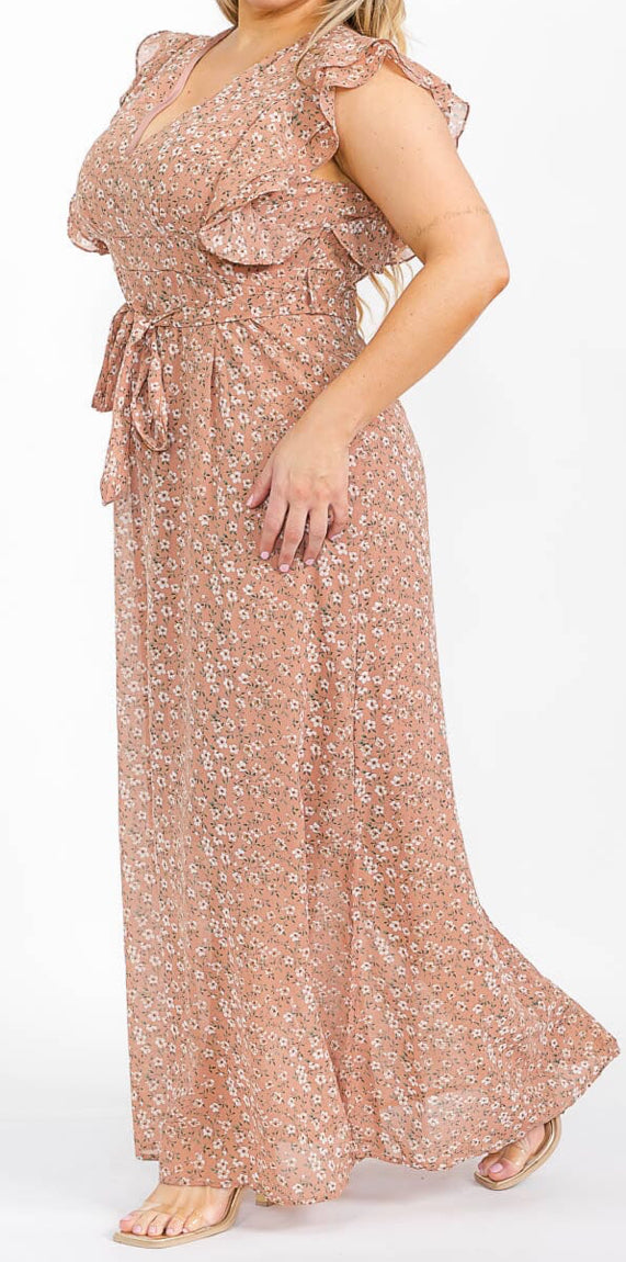 PLUS SIZE RUFFLE SLEEVE V-NECK OPEN BACK FLORAL MAXI DRESS, MAUVE