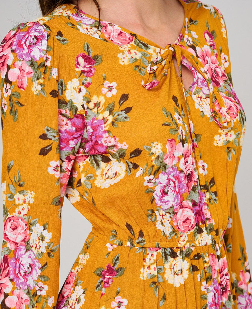 WOMEN'S LONG SLEEVE ELASTIC WAIST FLORAL MAXI DRESS