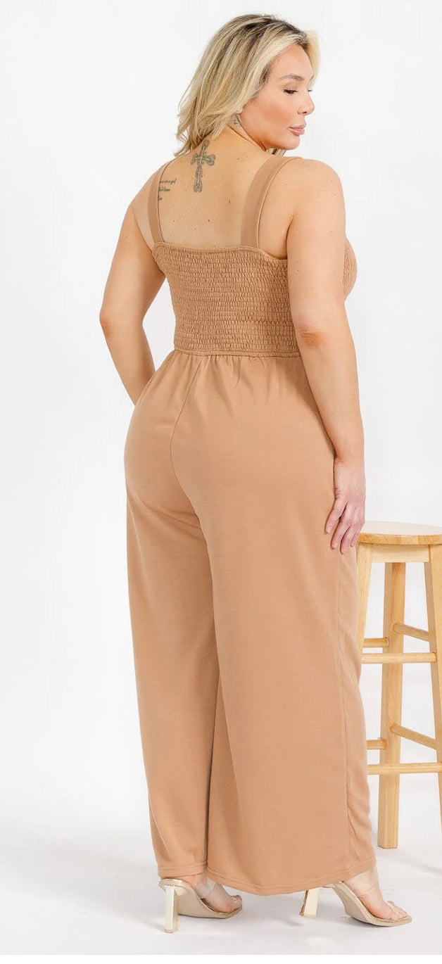 PLUS SIZE SLEEVELESS SQUARE NECK FRONT POCJETS SMOCK JUMPSUIT