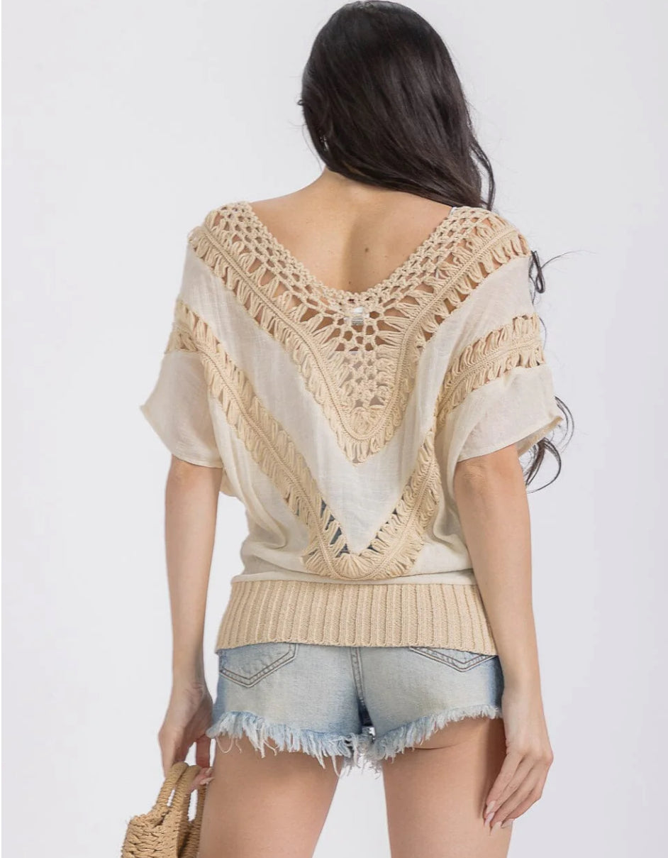 WOMEN'S SHORT SLEEVES KNIT TRIM TUNIC TOP