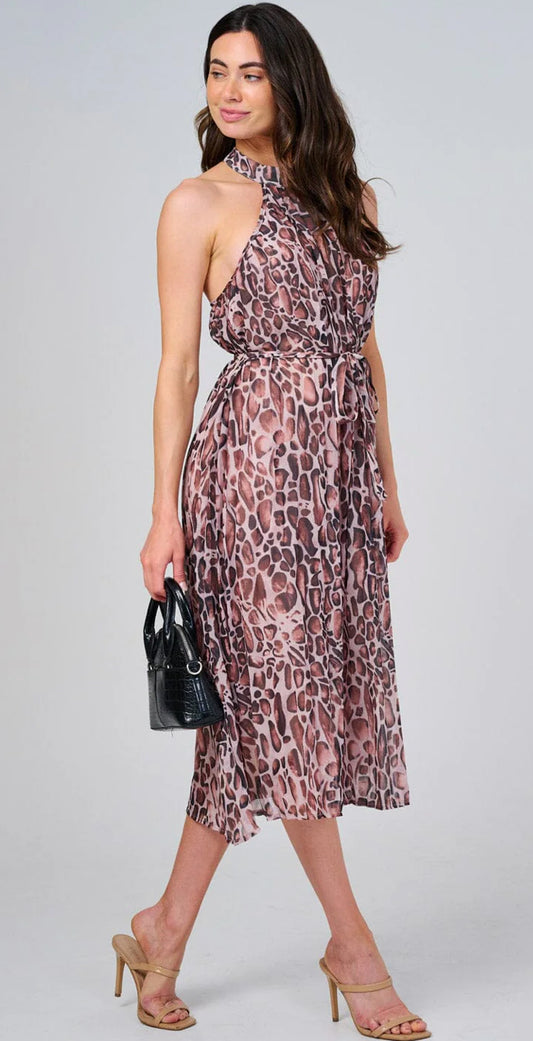 WOMEN'S SLEEVELESS HALTER NECK SELF TIE ANIMAL PRINT MIDI DRESS