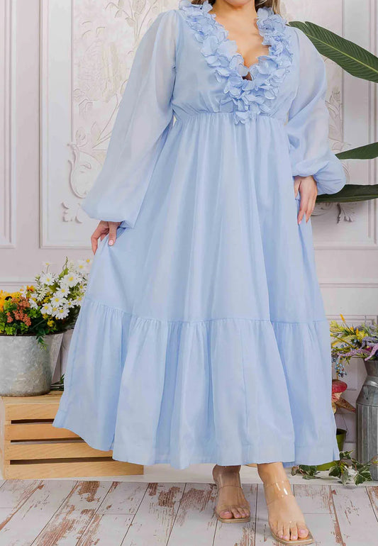 PLUS SIZE LONG SLEEVE V-NECK RUFFLE OPEN BACK TIE MAXI DRESS, ICE BLUE