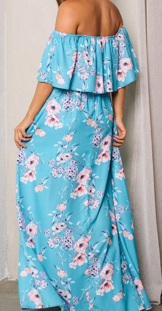WOMEN'S OFF SHOULDER FRONT SLIT FLORAL MAXI DRESS