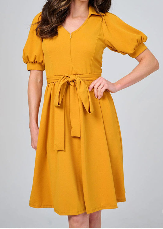 WOMEN'S SHORT SLEEVE ZIP UP ELASTIC WAIST SELF TIE MINI DRESS