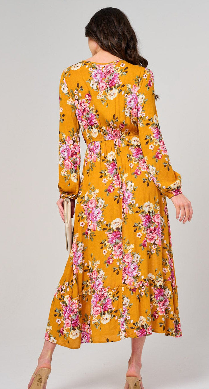 WOMEN'S LONG SLEEVE ELASTIC WAIST FLORAL MAXI DRESS