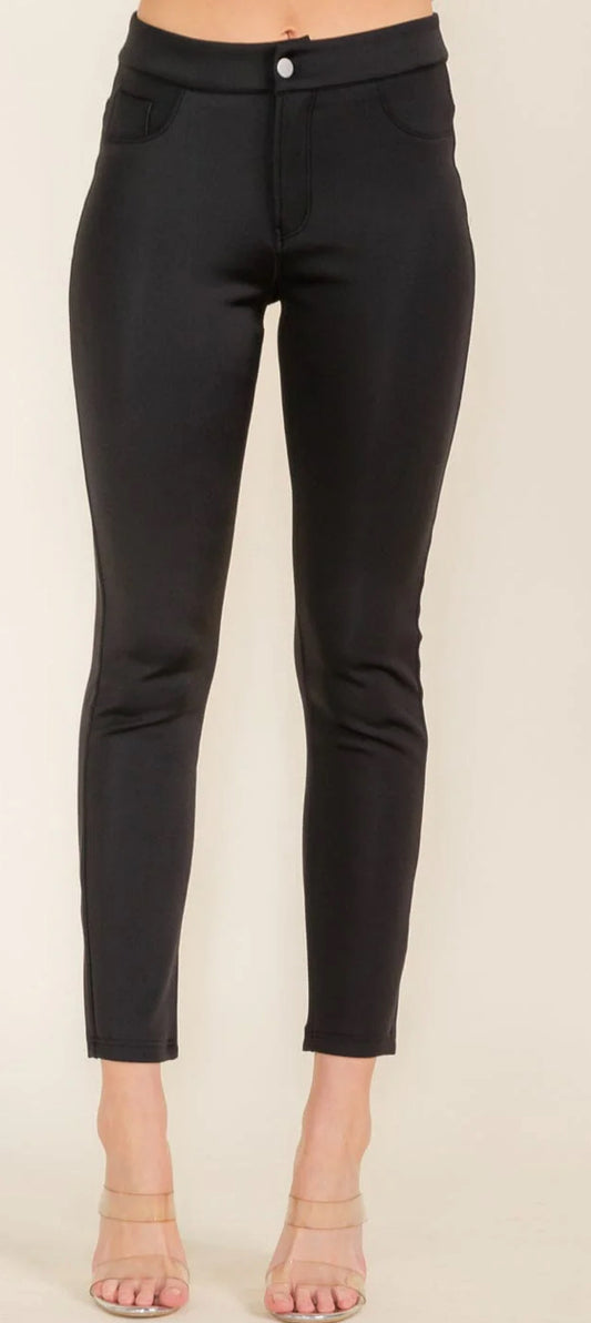 WOMEN'S BUTTON CLOSURE BACK POCKETS SKINNY PANTS