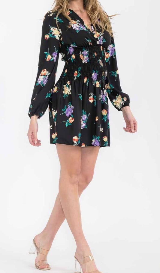 WOMEN'S LONG SLEEVE V-NECK SMOCK FLORAL MINI DRESS BLACK